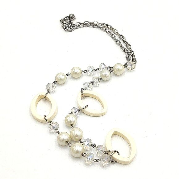 Funky Faux Pearl & Crystal Necklace - White & Silver - Picture 1 of 7